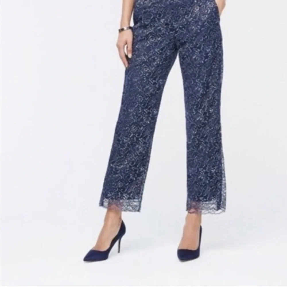 J. Crew Blue Lace Wide Leg Pants with Elegant Print and metallic silver thread - Picture 3 of 12